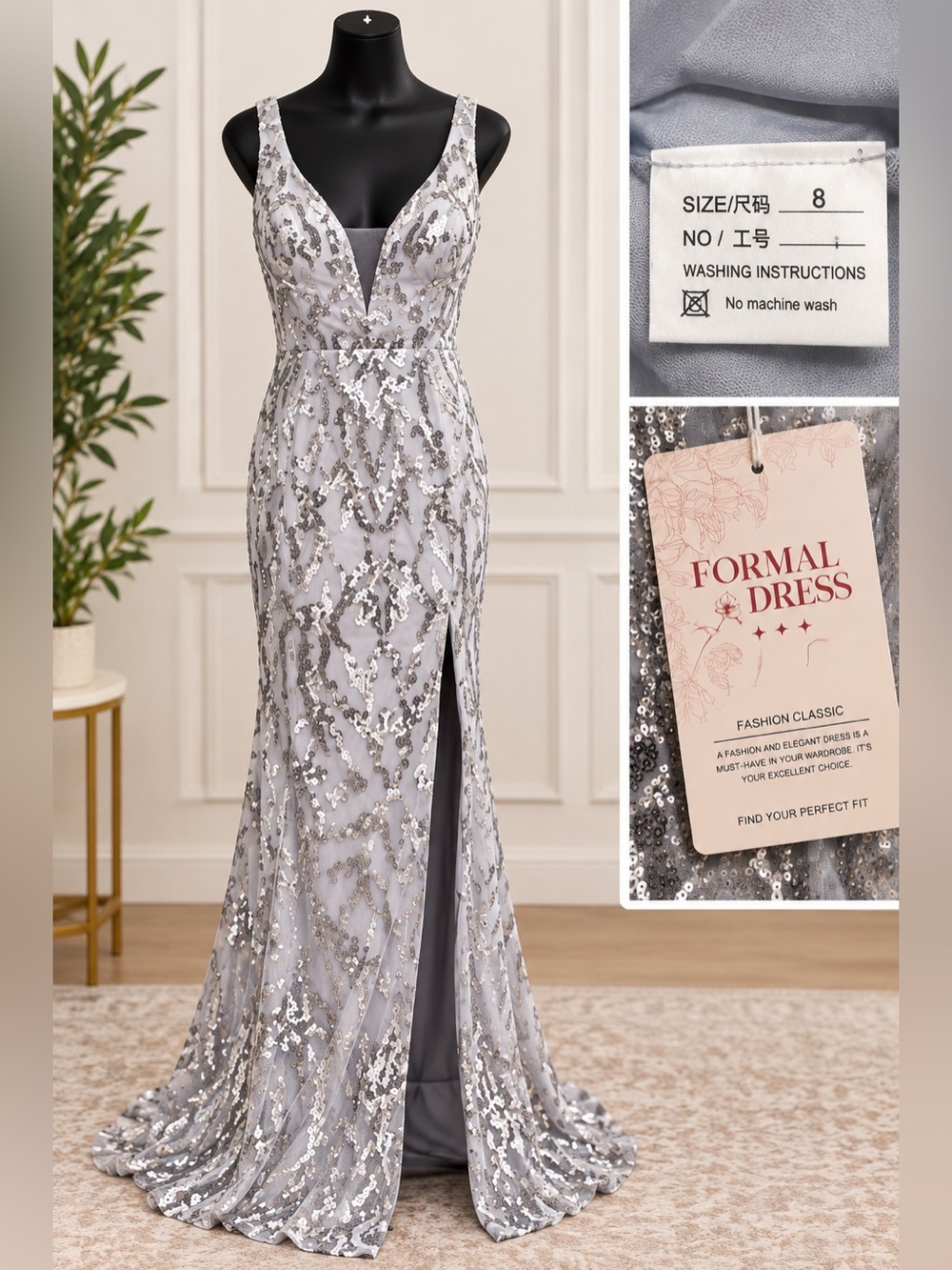 Formal Silver Sequin Evening Dress